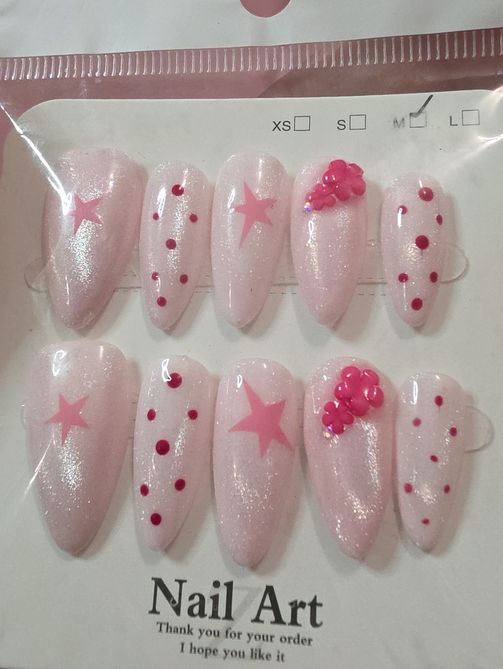 Pink Sparkle Press-On Nails with Floral Accents